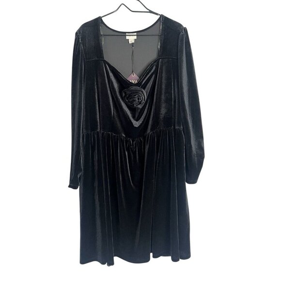 Ava & Viv Velvet Black Dress Rosette A-Line LBD 3X Cocktail Event Day To Night - Picture 3 of 8